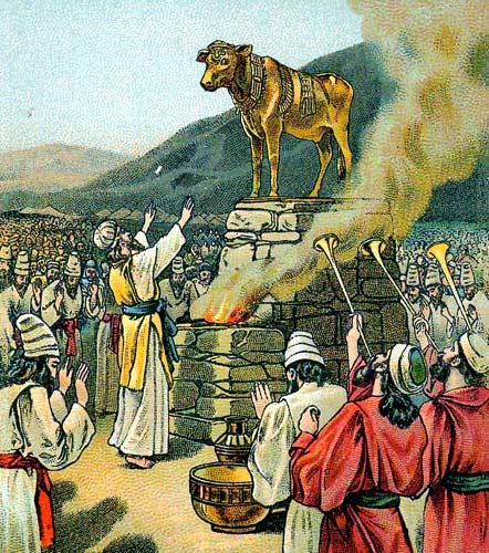 Worship of the golden calf. Illustration from a Bible card published in 1901 by the Providence Lithograph Company. Public Domain.