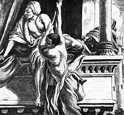 The spies leave Rahab's house on very wide Jericho wall. Supplied by Films for Christ.