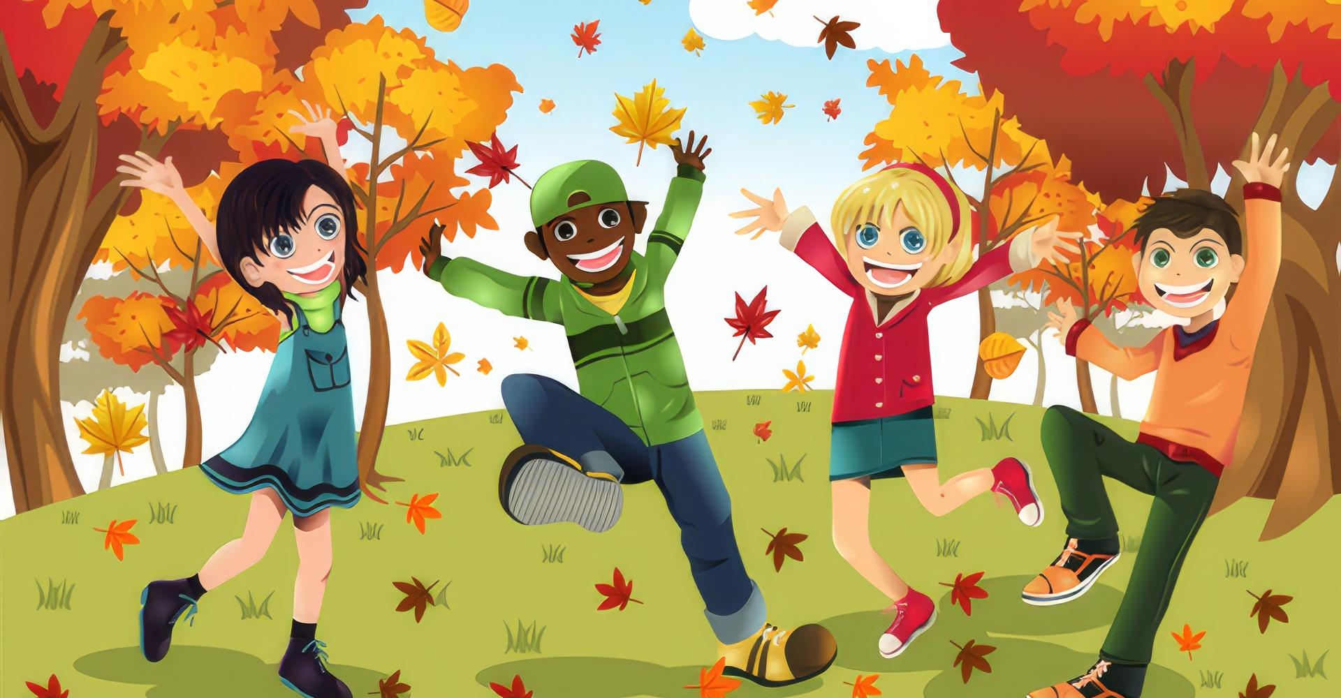 Kids and autumn leaves falling. © Artisticco LLC