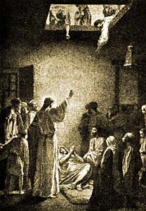 Jesus performs a miracle in Capernaum.