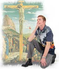 Man kneeling at the cross. Illustration copyrighted.