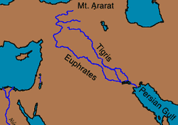 Mapa mostrando os rios Tigre e Eufrates. Mapa com Copyright, Films for Christ.